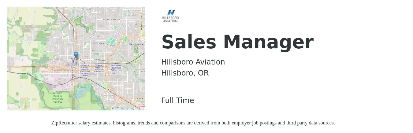 Hillsboro Aviation job posting for a Sales Manager in Hillsboro, OR with a salary of $49,000 to $105,100 Yearly with a map of Hillsboro location.