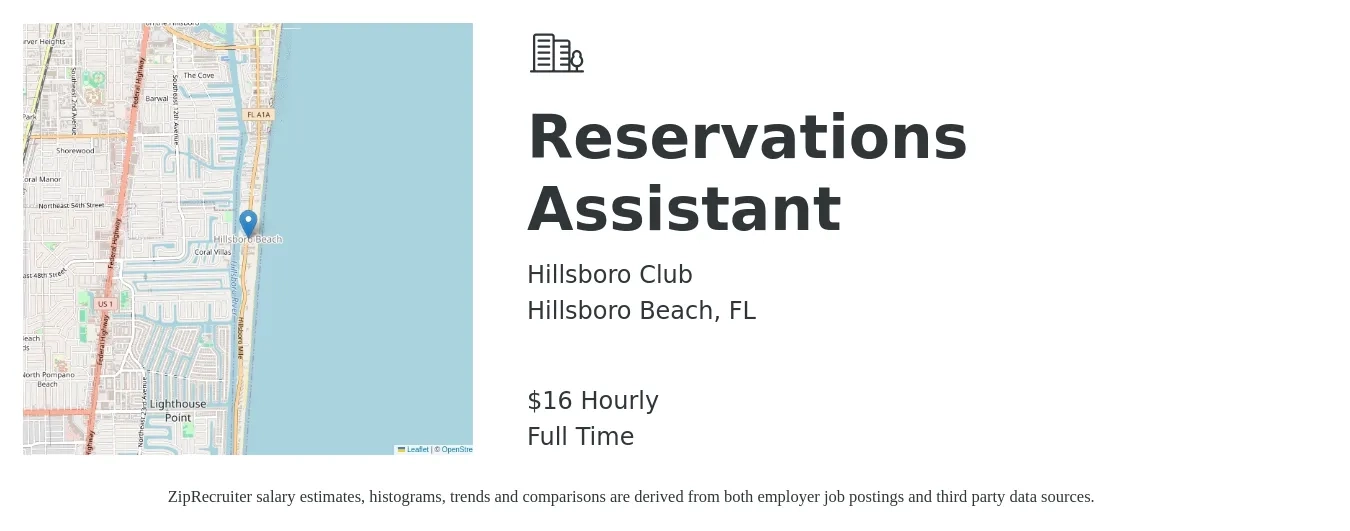 Hillsboro Club job posting for a Reservations Assistant in Hillsboro Beach, FL with a salary of $18 Hourly with a map of Hillsboro Beach location.