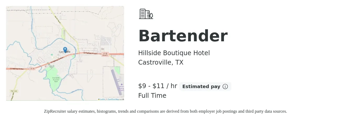 Hillside Boutique Hotel job posting for a Bartender in Castroville, TX with a salary of $10 to $12 Hourly with a map of Castroville location.