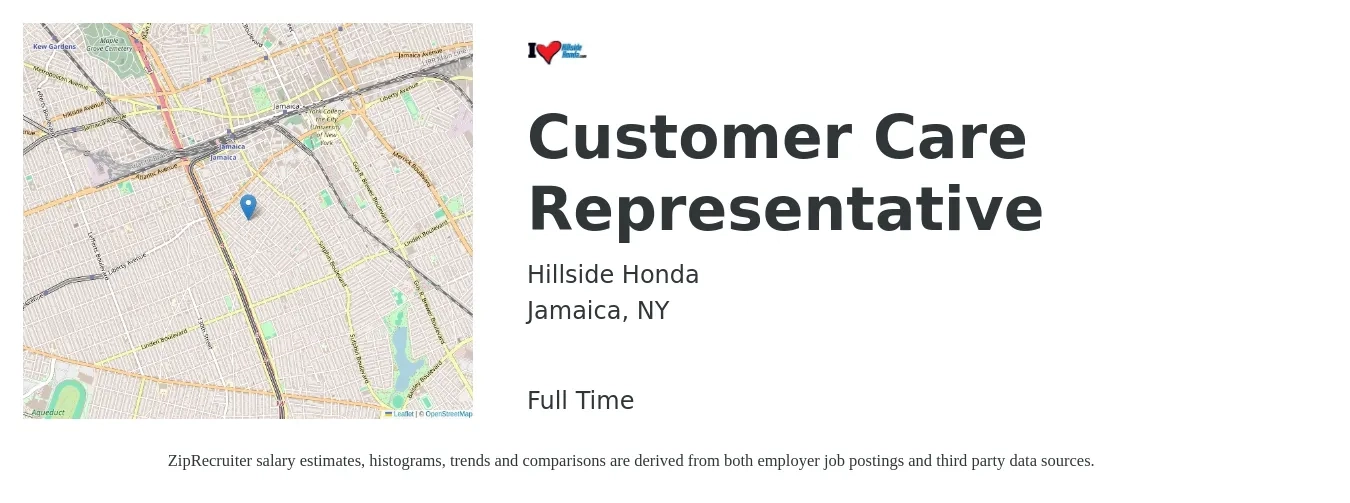 Hillside Honda job posting for a Customer Care Representative in Jamaica, NY with a salary of $17 to $23 Hourly with a map of Jamaica location.