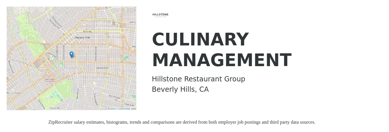 Hillstone Restaurant Group job posting for a CULINARY MANAGEMENT in Beverly Hills, CA with a salary of $76,200 to $104,200 Yearly with a map of Beverly Hills location.