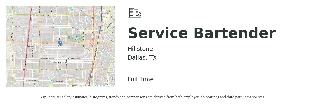 Hillstone job posting for a Service Bartender in Dallas, TX with a salary of $25 to $30 Hourly with a map of Dallas location.