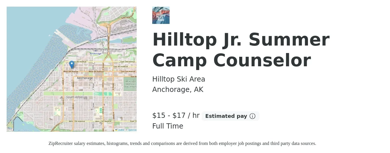Hilltop Ski Area job posting for a Hilltop Jr. Summer Camp Counselor in Anchorage, AK with a salary of $16 to $18 Hourly with a map of Anchorage location.