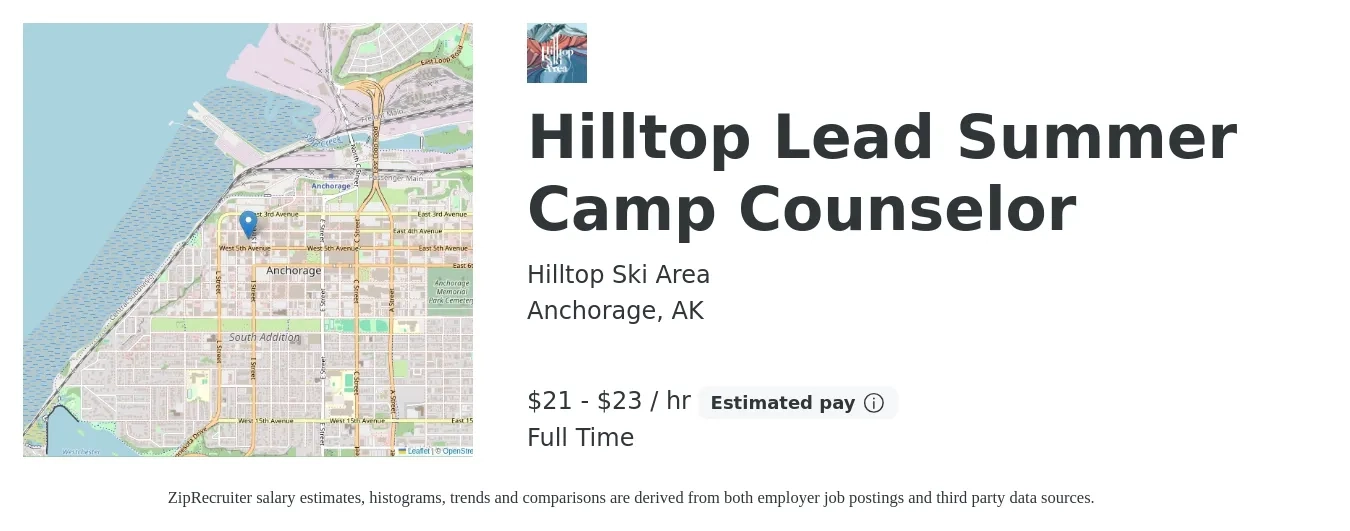 Hilltop Ski Area job posting for a Hilltop Lead Summer Camp Counselor in Anchorage, AK with a salary of $22 to $24 Hourly with a map of Anchorage location.