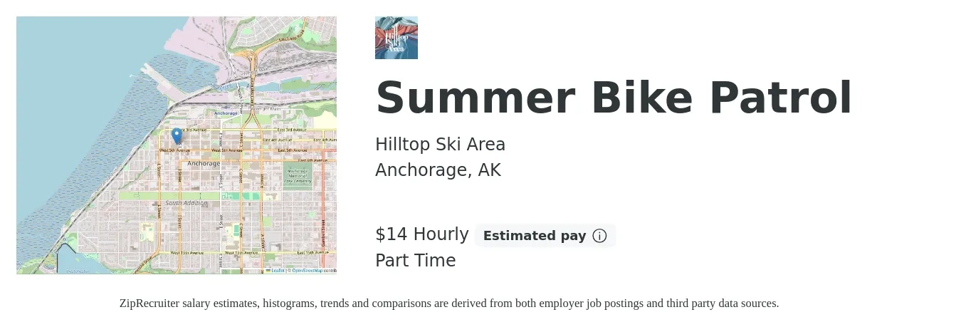 Hilltop Ski Area job posting for a Summer Bike Patrol in Anchorage, AK with a salary of $15 Hourly with a map of Anchorage location.