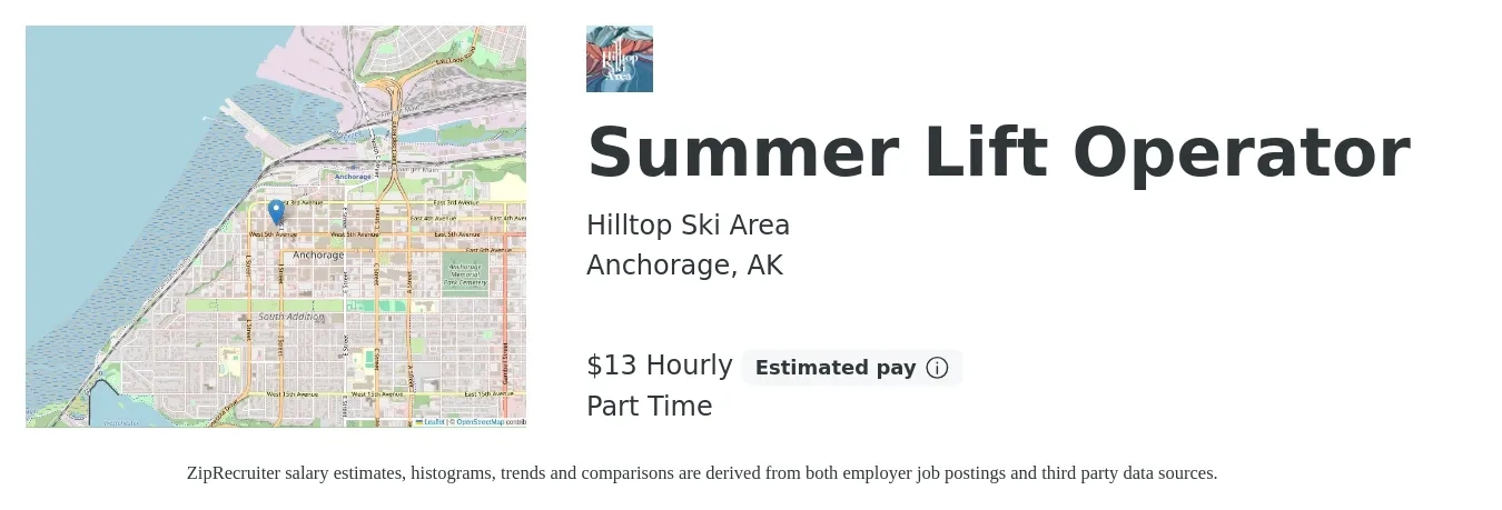 Hilltop Ski Area job posting for a Summer Lift Operator in Anchorage, AK with a salary of $14 Hourly with a map of Anchorage location.