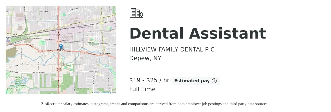 HILLVIEW FAMILY DENTAL P C job posting for a Dental Assistant in Depew, NY with a salary of $20 to $27 Hourly with a map of Depew location.
