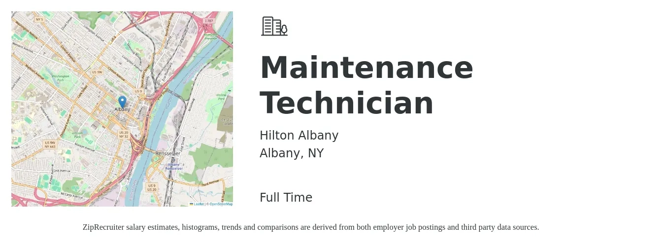 HILTON ALBANY job posting for a Maintenance Technician in Albany, NY with a salary of $19 to $26 Hourly with a map of Albany location.