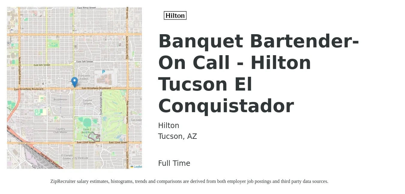 Hilton job posting for a Banquet Bartender-On Call - Hilton Tucson El Conquistador in Tucson, AZ with a salary of $12 to $16 Hourly with a map of Tucson location.