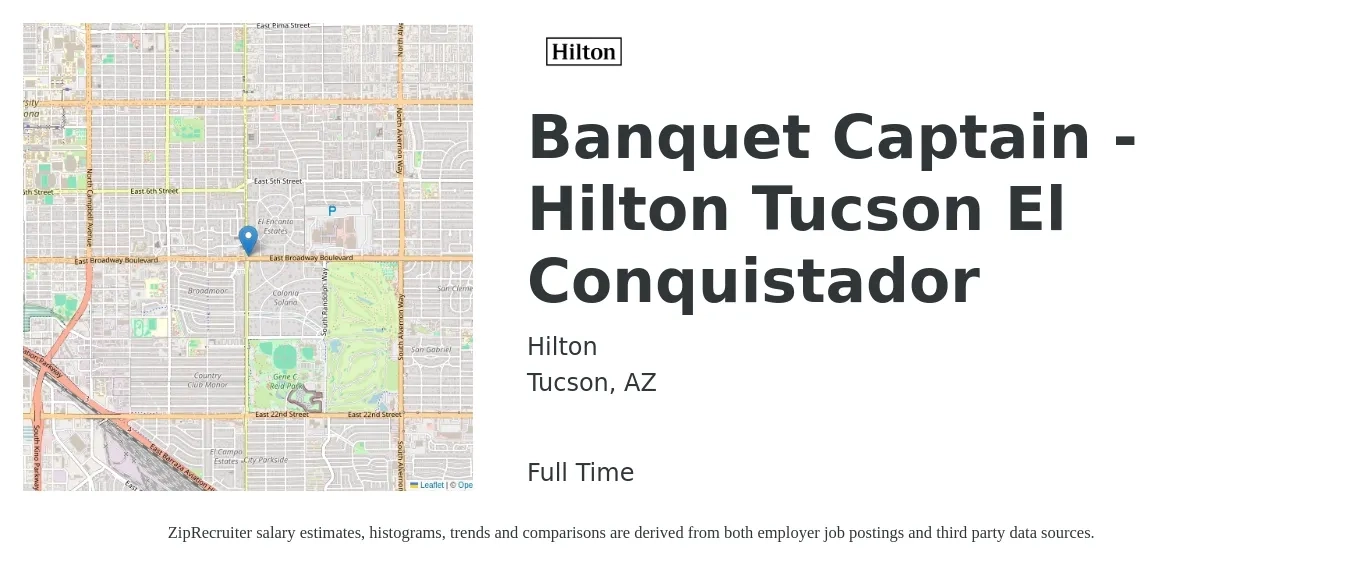 Hilton job posting for a Banquet Captain - Hilton Tucson El Conquistador in Tucson, AZ with a salary of $14 to $19 Hourly with a map of Tucson location.