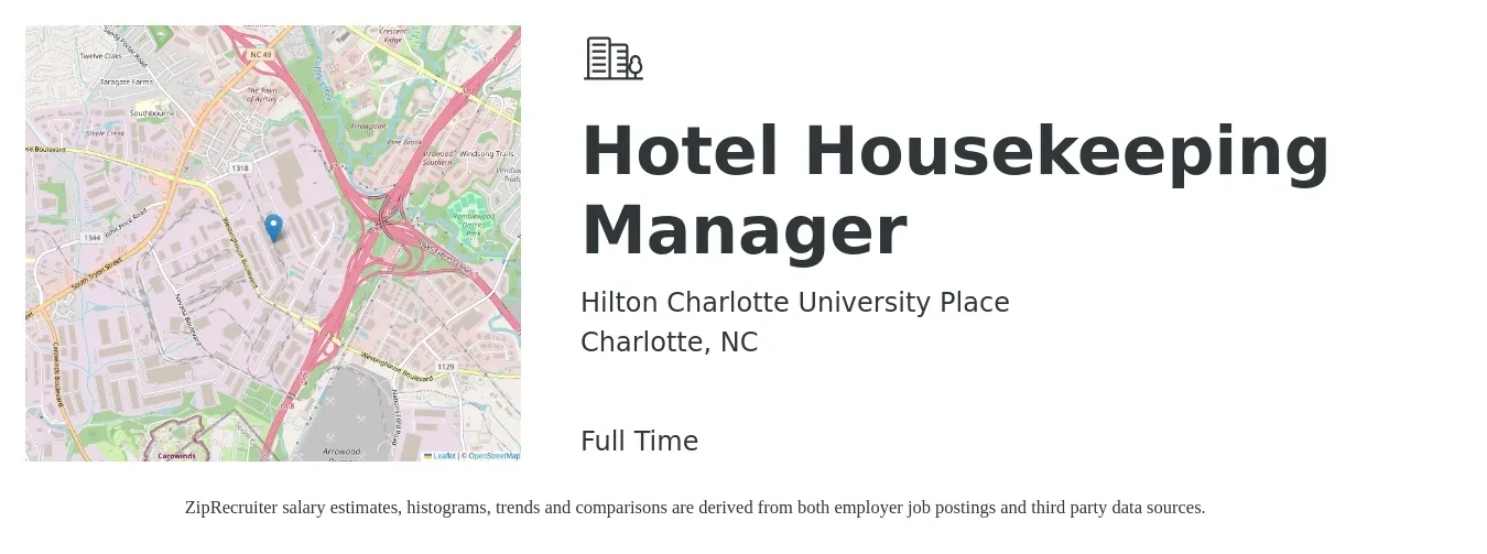 Hilton Charlotte University Place job posting for a Hotel Housekeeping Manager in Charlotte, NC with a salary of $16 to $23 Hourly with a map of Charlotte location.