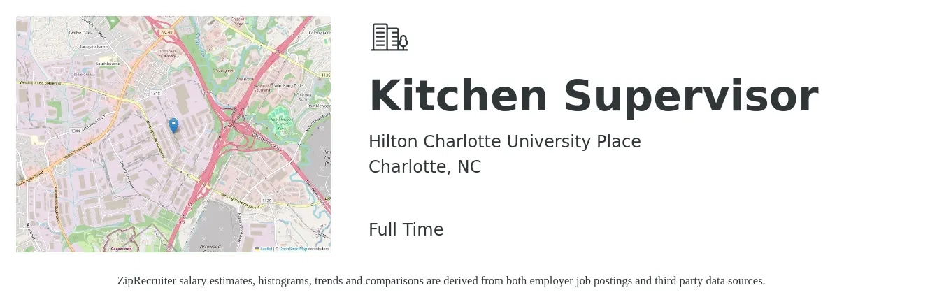 Hilton Charlotte University Place job posting for a Kitchen Supervisor in Charlotte, NC with a salary of $38,100 to $61,000 Yearly with a map of Charlotte location.