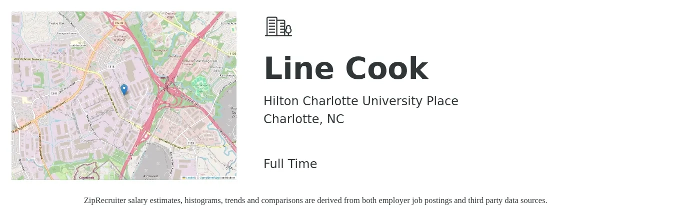 Hilton Charlotte University Place job posting for a Line Cook in Charlotte, NC with a salary of $16 to $19 Hourly with a map of Charlotte location.