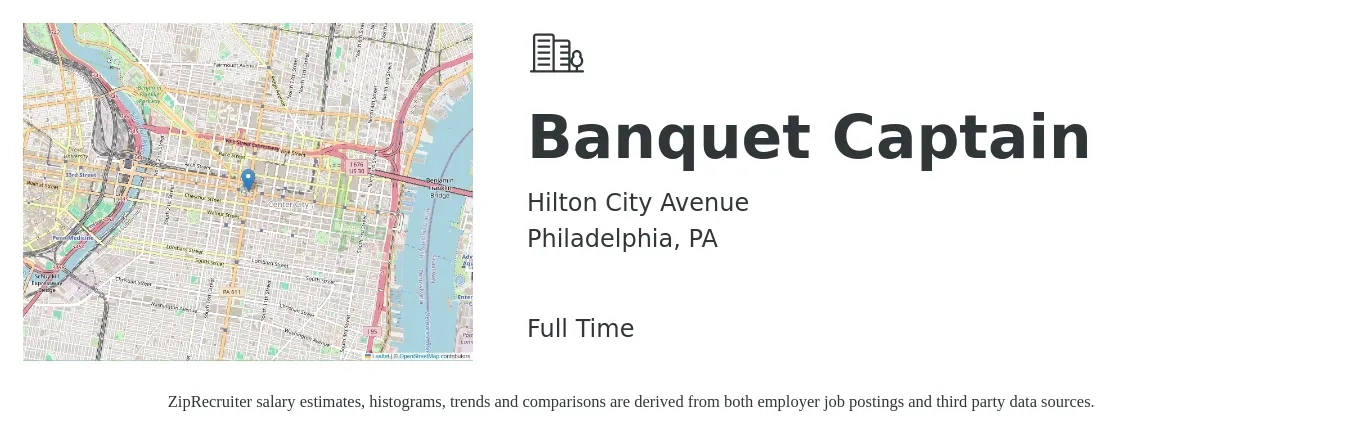 Hilton City Avenue job posting for a Banquet Captain in Philadelphia, PA with a salary of $16 to $23 Hourly with a map of Philadelphia location.