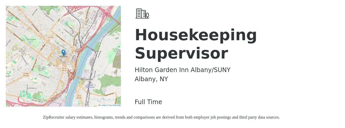 Hilton Garden Inn Albany/SUNY job posting for a Housekeeping Supervisor in Albany, NY with a salary of $18 Hourly with a map of Albany location.