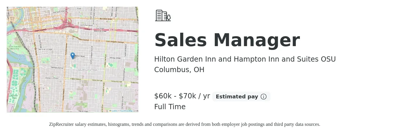 Hilton Garden Inn and Hampton Inn and Suites OSU job posting for a Sales Manager in Columbus, OH with a salary of $60,000 to $70,000 Yearly with a map of Columbus location.