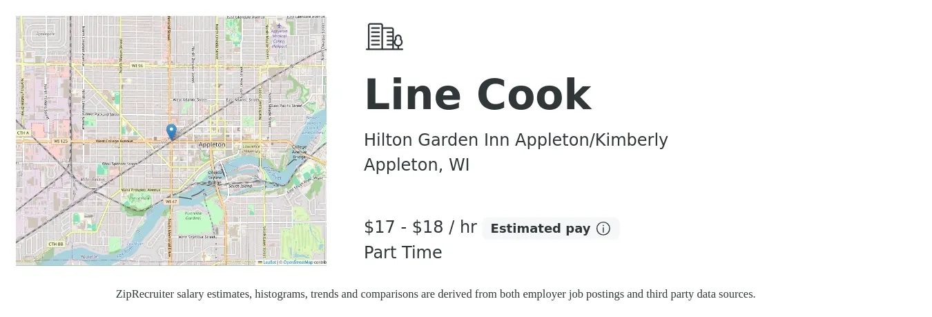 Hilton Garden Inn Appleton/Kimberly job posting for a Line Cook in Appleton, WI with a salary of $18 to $20 Hourly with a map of Appleton location.