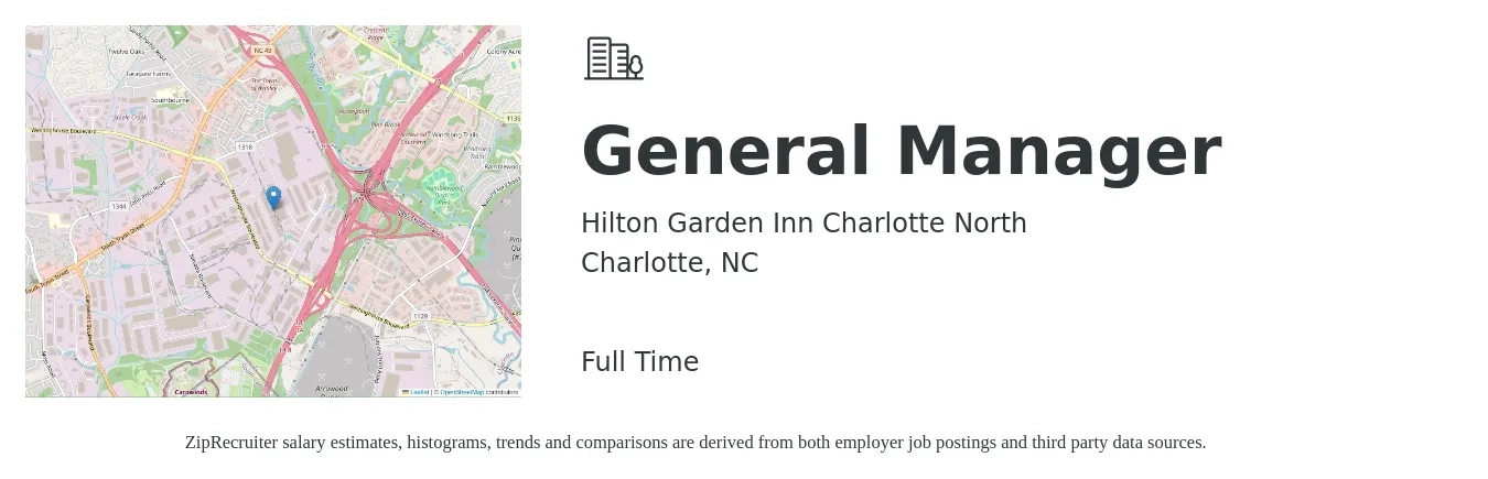 Hilton Garden Inn Charlotte North job posting for a General Manager in Charlotte, NC with a salary of $48,300 to $72,300 Yearly with a map of Charlotte location.