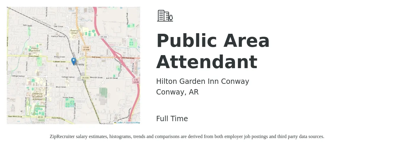 Hilton Garden Inn Conway job posting for a Public Area Attendant in Conway, AR with a salary of $12 to $16 Hourly with a map of Conway location.