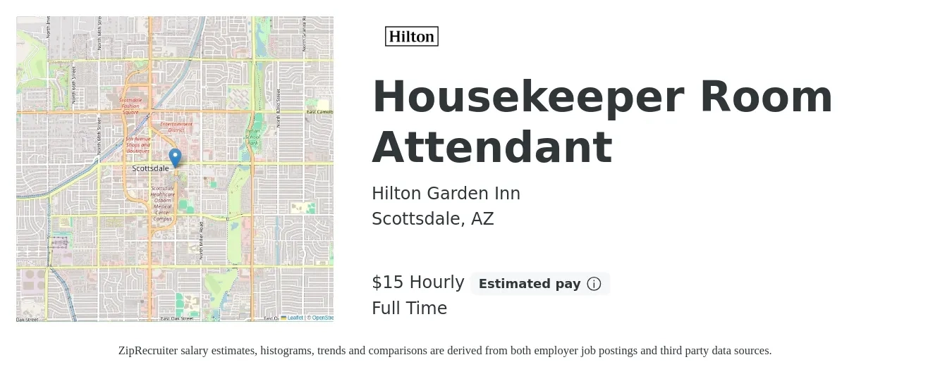 Hilton Garden Inn job posting for a Housekeeper Room Attendant in Scottsdale, AZ with a salary of $16 Hourly with a map of Scottsdale location.