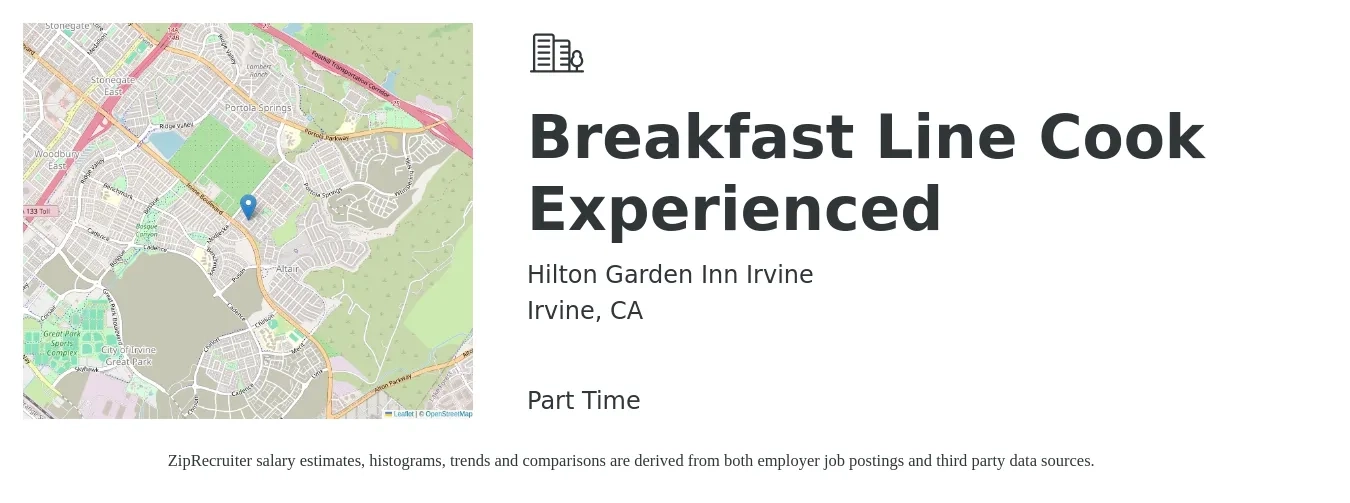 Hilton Garden Inn Irvine job posting for a Breakfast Line Cook Experienced in Irvine, CA with a salary of $17 to $21 Hourly with a map of Irvine location.