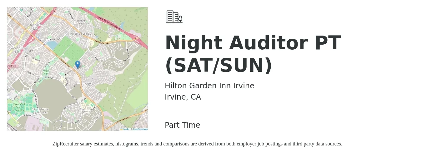 Hilton Garden Inn Irvine job posting for a Night Auditor PT (SAT/SUN) in Irvine, CA with a salary of $16 to $22 Hourly with a map of Irvine location.