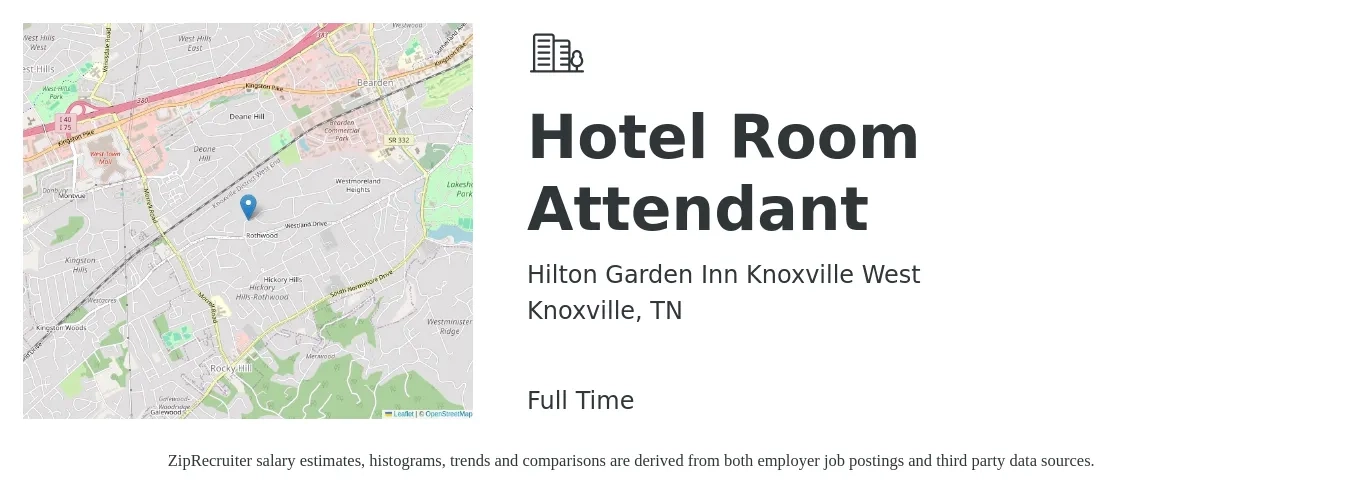 Hilton Garden Inn Knoxville West job posting for a Hotel Room Attendant in Knoxville, TN with a salary of $13 to $17 Hourly with a map of Knoxville location.