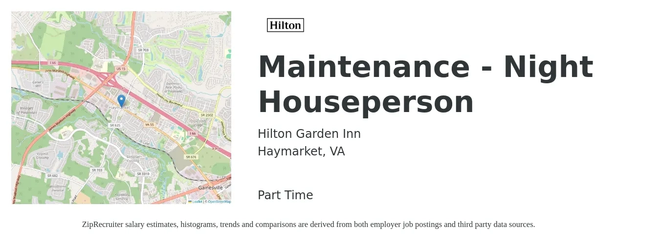 Hilton Garden Inn job posting for a Maintenance - Night Houseperson in Haymarket, VA with a salary of $14 to $16 Hourly with a map of Haymarket location.