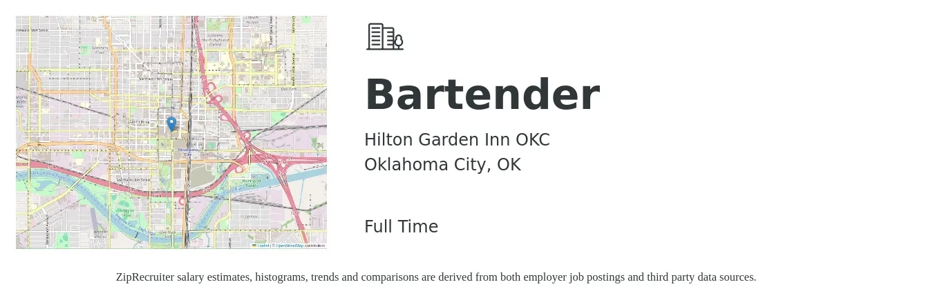 Hilton Garden Inn OKC job posting for a Bartender in Oklahoma City, OK with a salary of $9 to $18 Hourly with a map of Oklahoma City location.