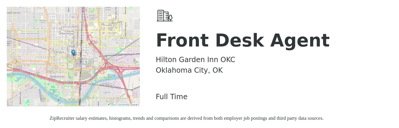 Hilton Garden Inn OKC job posting for a Front Desk Agent in Oklahoma City, OK with a salary of $13 to $17 Hourly with a map of Oklahoma City location.