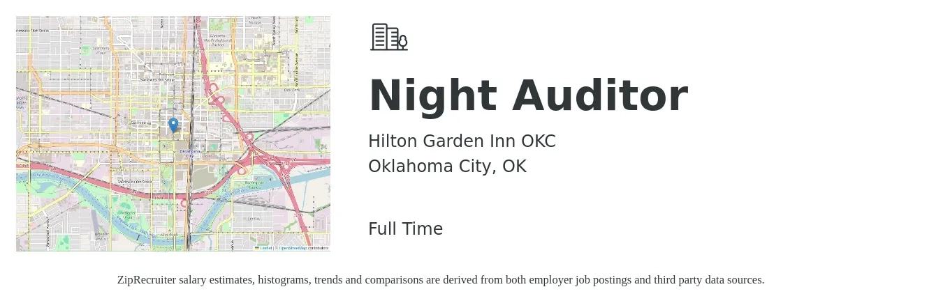 Hilton Garden Inn OKC job posting for a Night Auditor in Oklahoma City, OK with a salary of $14 to $18 Hourly with a map of Oklahoma City location.