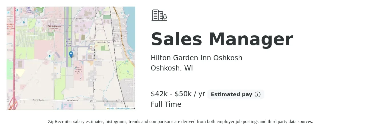 Hilton Garden Inn Oshkosh job posting for a Sales Manager in Oshkosh, WI with a salary of $42,000 to $50,000 Yearly with a map of Oshkosh location.