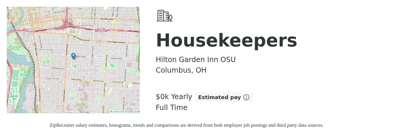Hilton Garden Inn OSU job posting for a Housekeepers in Columbus, OH with a salary of $15 Yearly with a map of Columbus location.