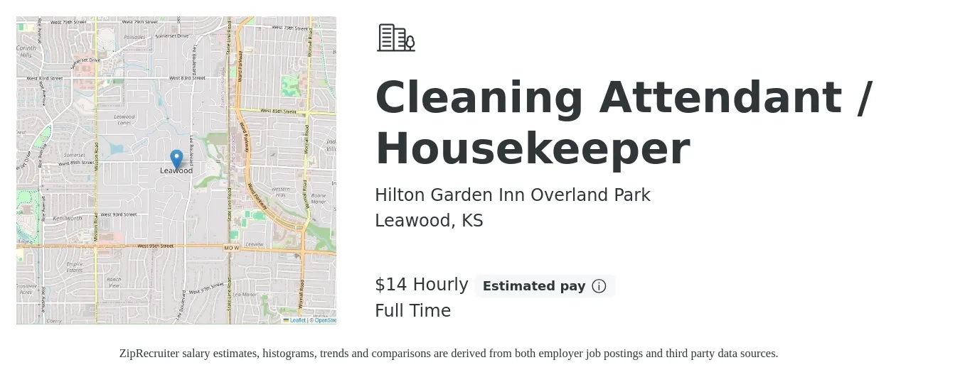 Hilton Garden Inn Overland Park job posting for a Cleaning Attendant / Housekeeper in Leawood, KS with a salary of $15 Hourly with a map of Leawood location.