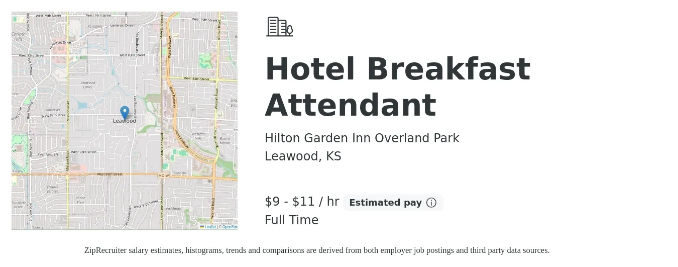 Hilton Garden Inn Overland Park job posting for a Hotel Breakfast Attendant in Leawood, KS with a salary of $10 to $12 Hourly with a map of Leawood location.
