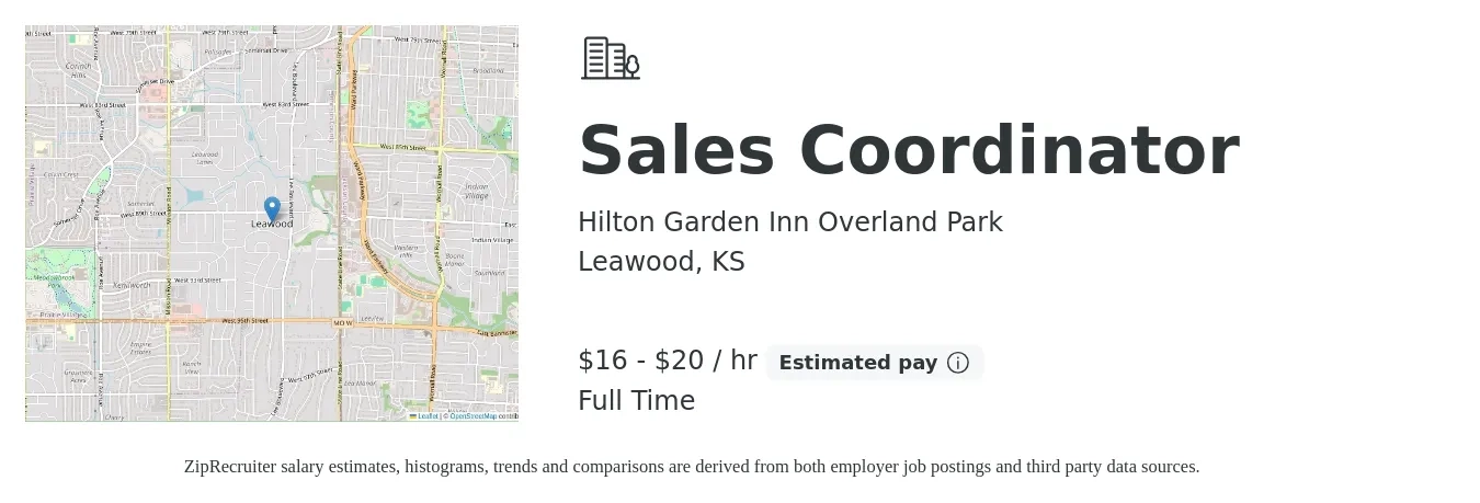 Hilton Garden Inn Overland Park job posting for a Sales Coordinator in Leawood, KS with a salary of $16 to $19 Hourly with a map of Leawood location.