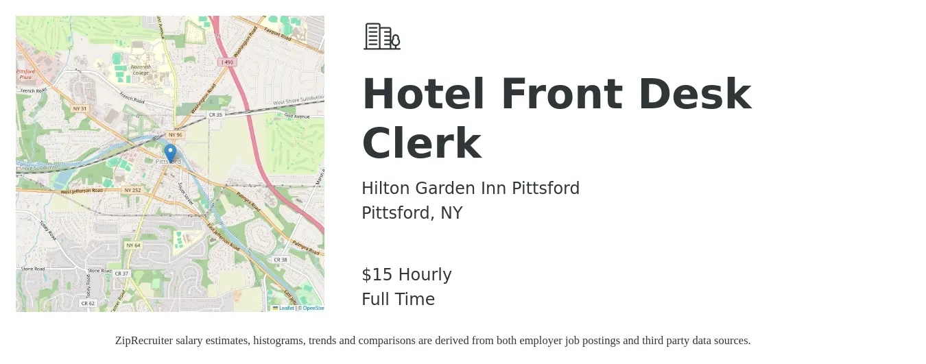 Hilton Garden Inn Pittsford job posting for a Hotel Front Desk Clerk in Pittsford, NY with a salary of $16 Hourly with a map of Pittsford location.