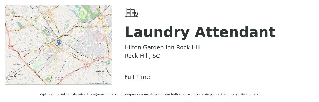 Hilton Garden Inn Rock Hill job posting for a Laundry Attendant in Rock Hill, SC with a salary of $11 to $14 Hourly with a map of Rock Hill location.