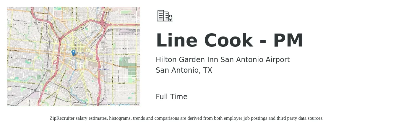 Hilton Garden Inn San Antonio Airport job posting for a Line Cook - Pm in San Antonio, TX with a salary of $14 to $18 Hourly with a map of San Antonio location.