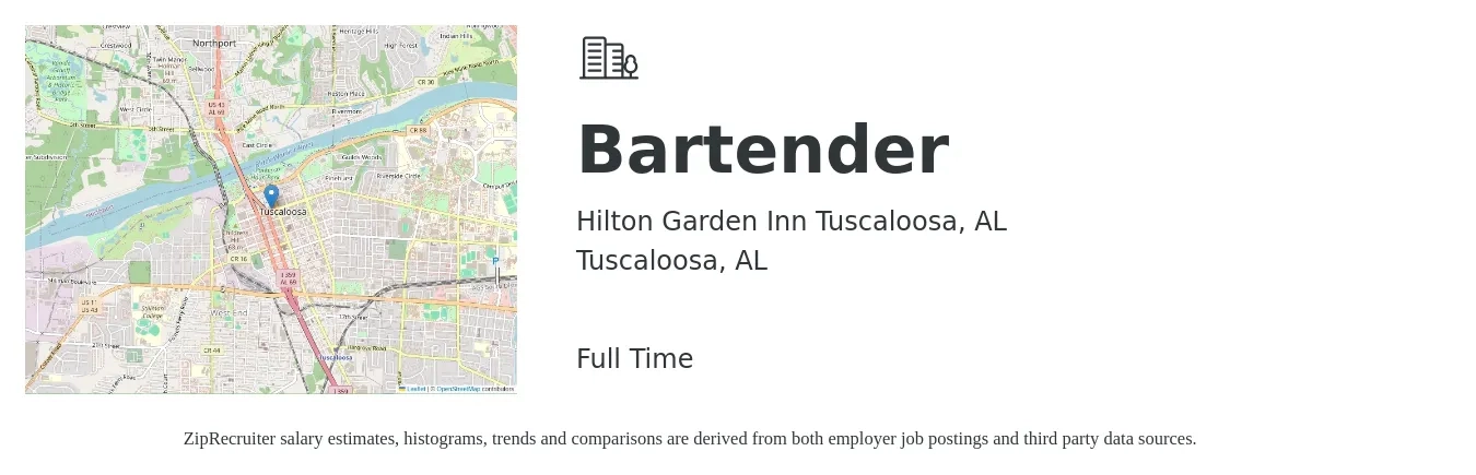Hilton Garden Inn Tuscaloosa, AL job posting for a Bartender in Tuscaloosa, AL with a salary of $9 to $18 Hourly with a map of Tuscaloosa location.