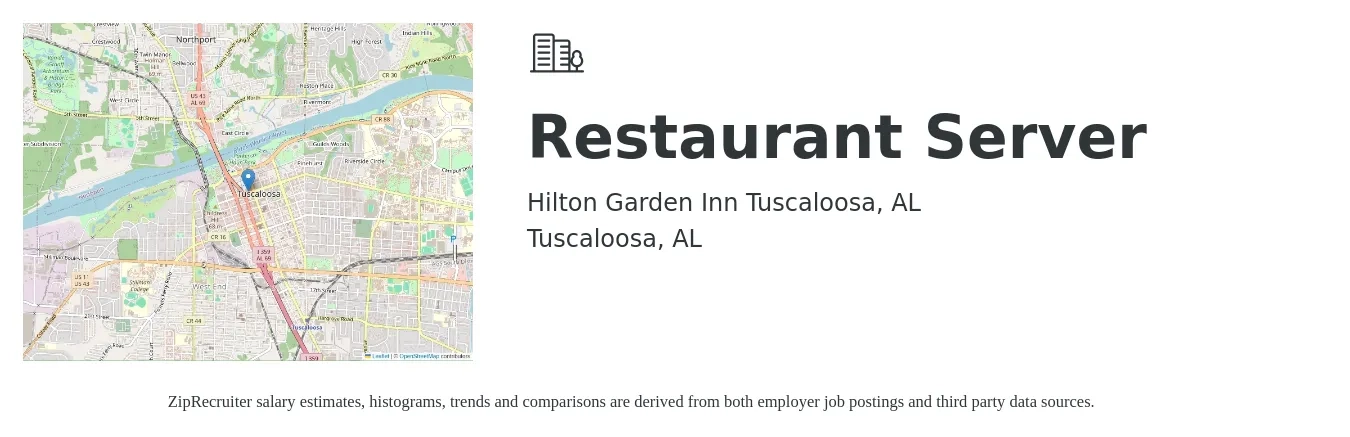 Hilton Garden Inn Tuscaloosa, AL job posting for a Restaurant Server in Tuscaloosa, AL with a salary of $9 to $15 Hourly with a map of Tuscaloosa location.