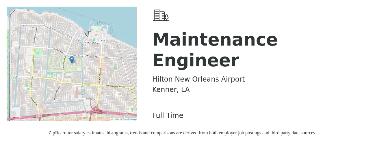 Hilton New Orleans Airport job posting for a Maintenance Engineer in Kenner, LA with a salary of $15 to $27 Hourly with a map of Kenner location.