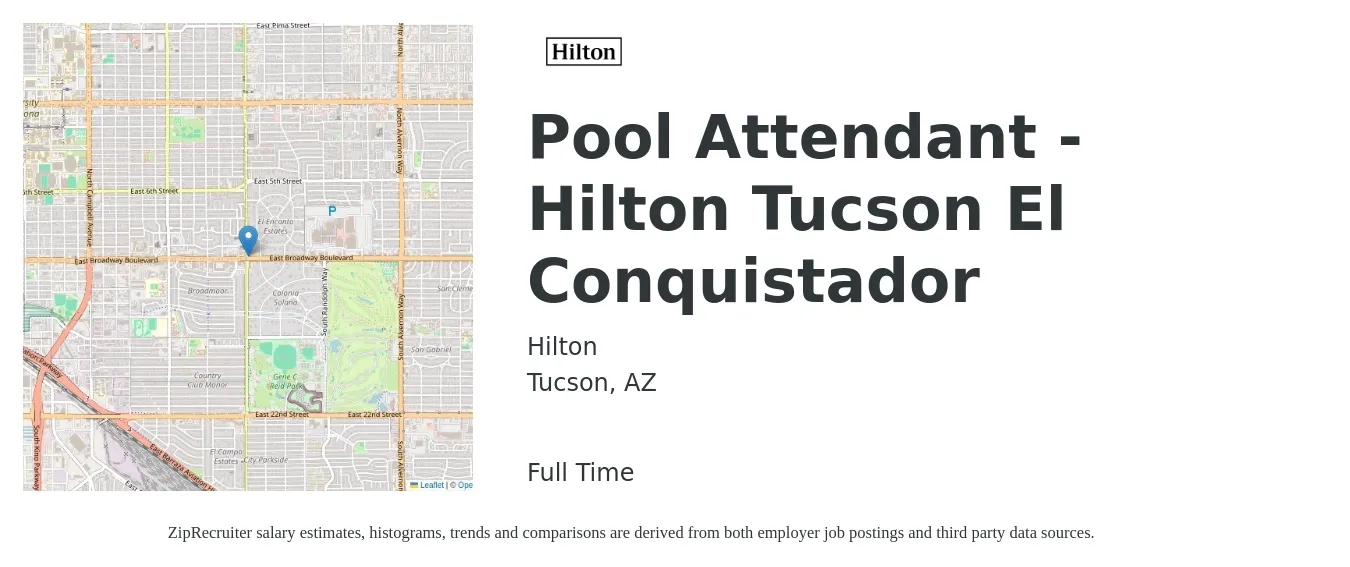 Hilton job posting for a Pool Attendant - Hilton Tucson El Conquistador in Tucson, AZ with a salary of $11 to $14 Hourly with a map of Tucson location.