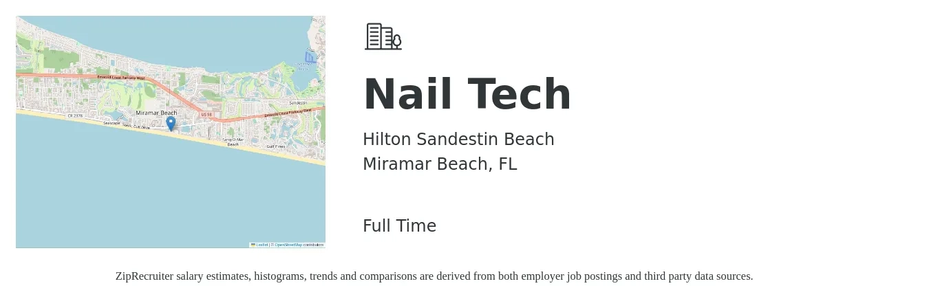 Hilton Sandestin Beach job posting for a Nail Tech in Miramar Beach, FL with a salary of $14 to $23 Hourly with a map of Miramar Beach location.