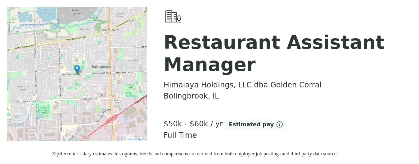 Himalaya Holdings, LLC dba Golden Corral job posting for a Restaurant Assistant Manager in Bolingbrook, IL with a salary of $50,000 to $60,000 Yearly with a map of Bolingbrook location.
