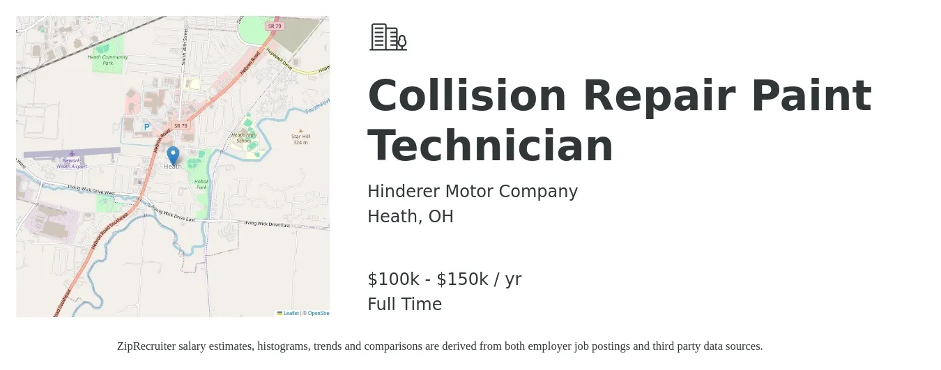 Hinderer Motor Company job posting for a Collision Repair Paint Technician in Heath, OH with a salary of $100,000 to $150,000 Yearly with a map of Heath location.