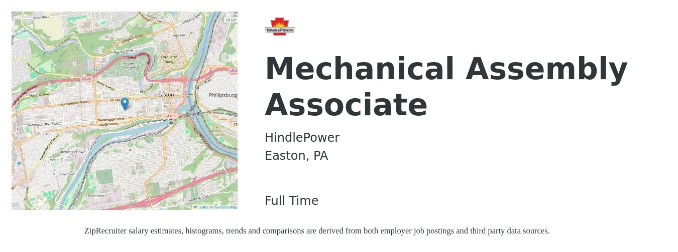 HindlePower job posting for a Mechanical Assembly Associate in Easton, PA with a salary of $15 to $18 Hourly with a map of Easton location.