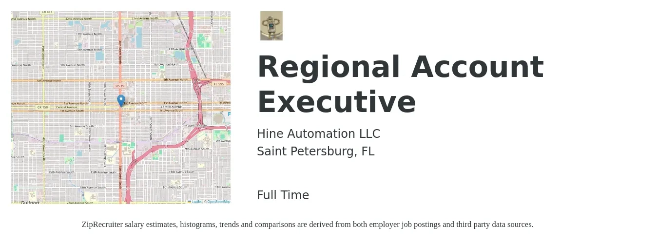 Hine Automation LLC job posting for a Regional Account Executive in Saint Petersburg, FL with a salary of $67,000 to $98,000 Yearly with a map of Saint Petersburg location.