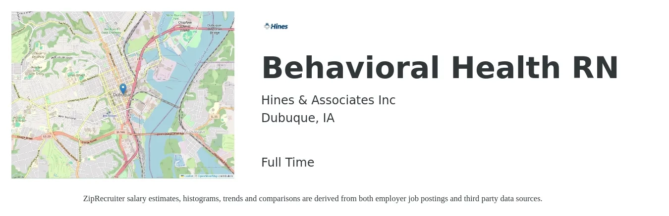 Hines & Associates Inc job posting for a Behavioral Health RN in Dubuque, IA with a salary of $33 to $56 Hourly with a map of Dubuque location.