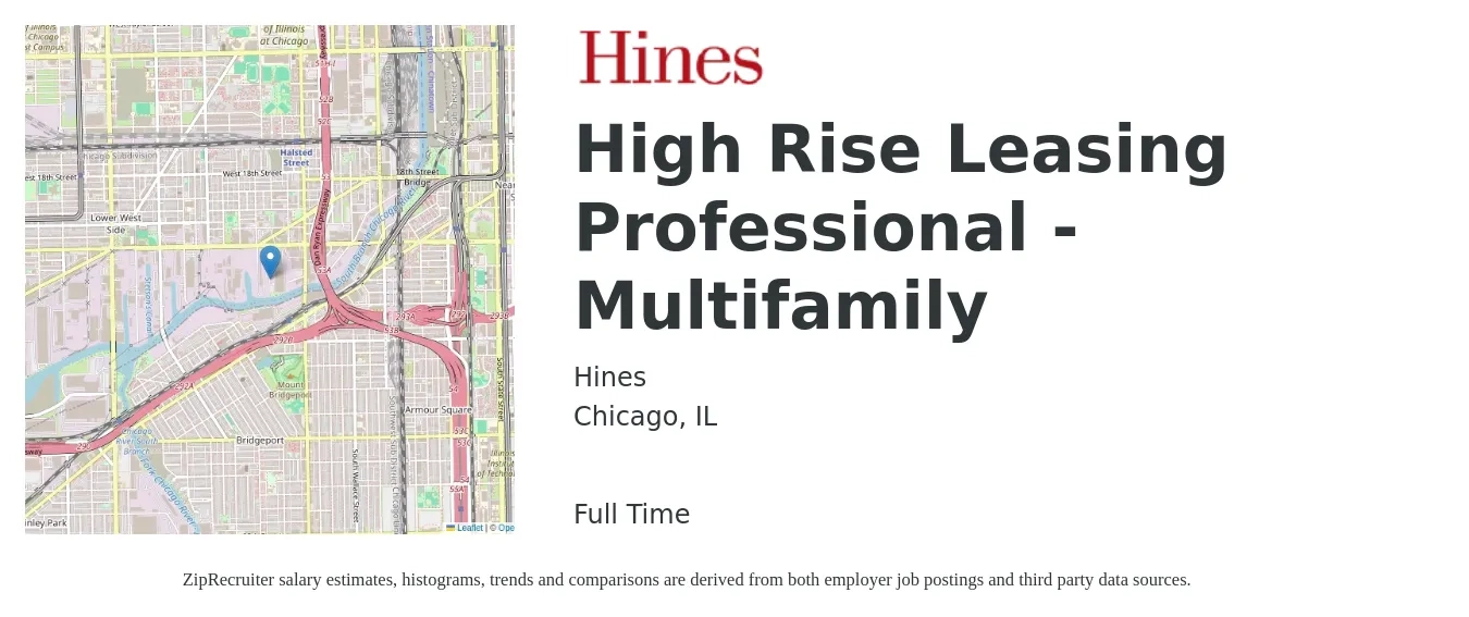 Hines job posting for a High Rise Leasing Professional - Multifamily in Chicago, IL with a salary of $18 to $20 Hourly with a map of Chicago location.
